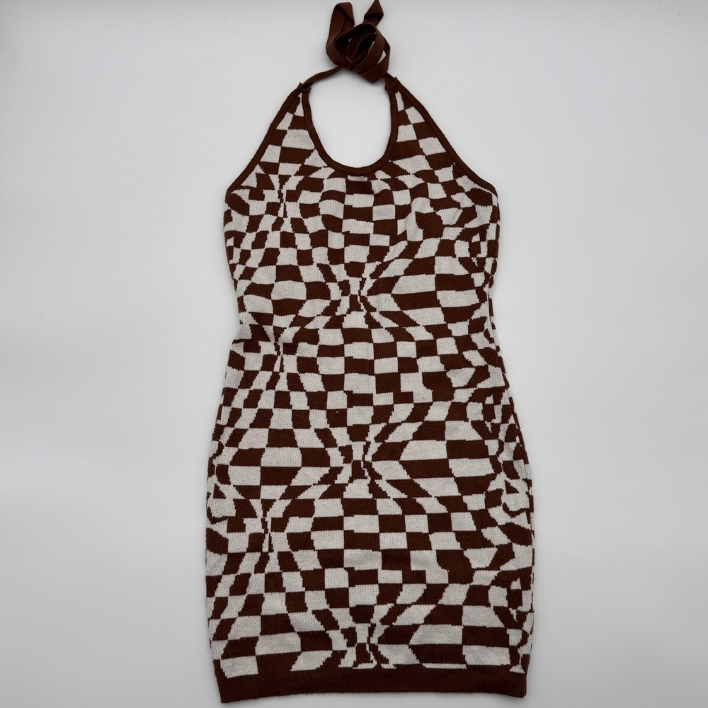 Princess Polly Brown Checkered‎ Halter Mini Dress Knit Bodycon Warped Print S/M